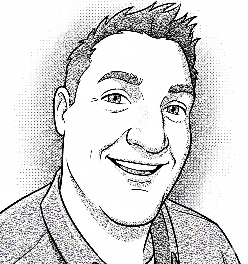 Black-and-white illustrated portrait of Jason Hoover